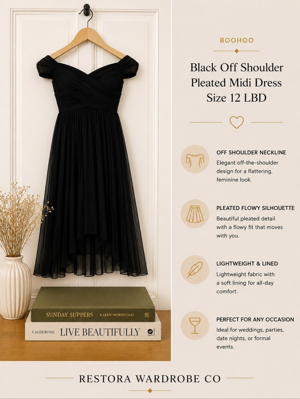 BOOHOO Black Off Shoulder Pleated Midi Dress Size 12 LBD